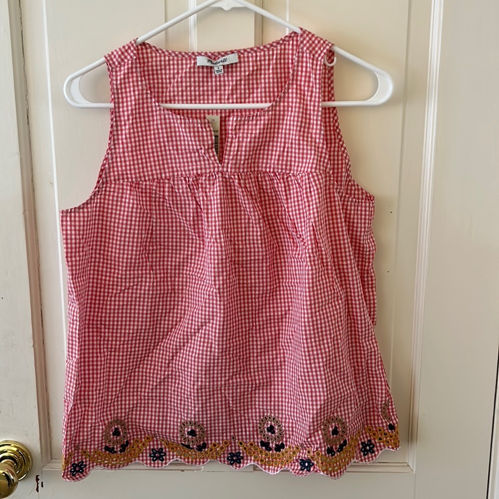 Madewell gingham patterned top with embroidered bottom